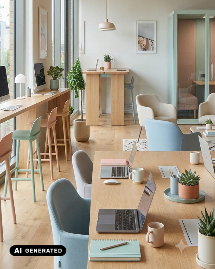 Arbeitsplatz mit Laptop und Kaffeetasse in einem hellen Coworking-Space