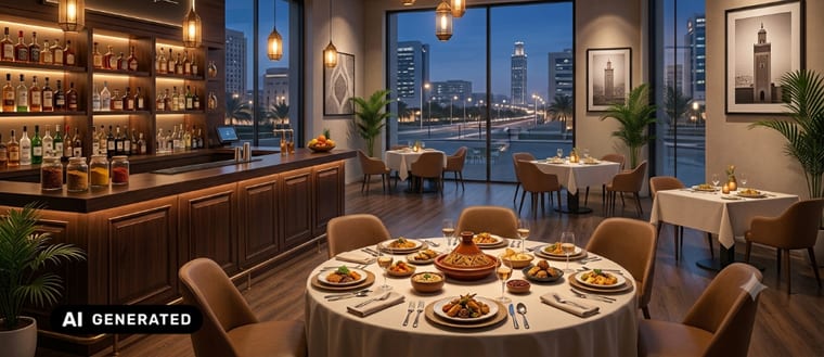 Eingedeckter runder Tisch in einem Restaurant bei Abendlicht