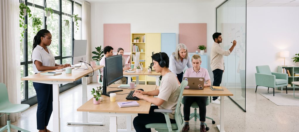 Offener Coworking-Raum in Pastelltönen: mehrere höhenverstellbare Schreibtische mit Bildschirmen, Menschen bei der Arbeit, Glaswand mit Whiteboard