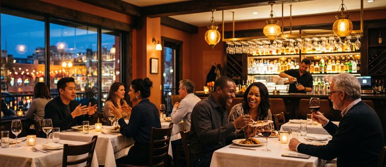 Warm beleuchteter Gastraum am Abend: eingedeckte Tische mit Gästen beim Essen, im Hintergrund eine Bar und eine Fensterfront zur Stadt