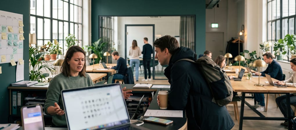 Coworking-Empfang am Morgen: Die Leiterin erklärt einem Tagesgast mit Rucksack die Lage, auf dem Laptop eine Tabelle, an der Wand ein Kalender voller Klebezettel.
