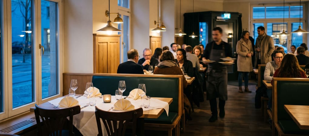 Voller Gastraum am Abend: Vorne bleibt ein eingedeckter Tisch für vier am Fenster leer, an der Tür warten zwei Gäste auf einen Platz.